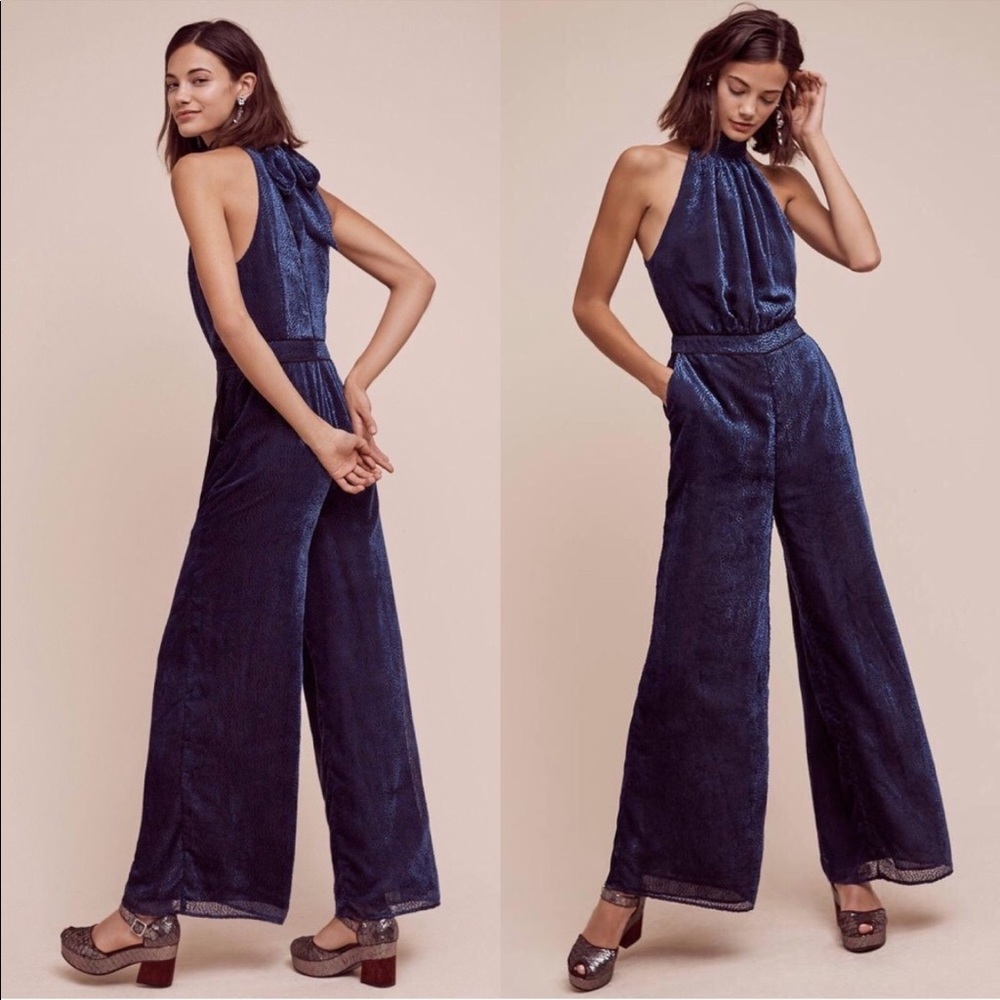 Anthropologie Elevenses blue velvet nova jumpsuit